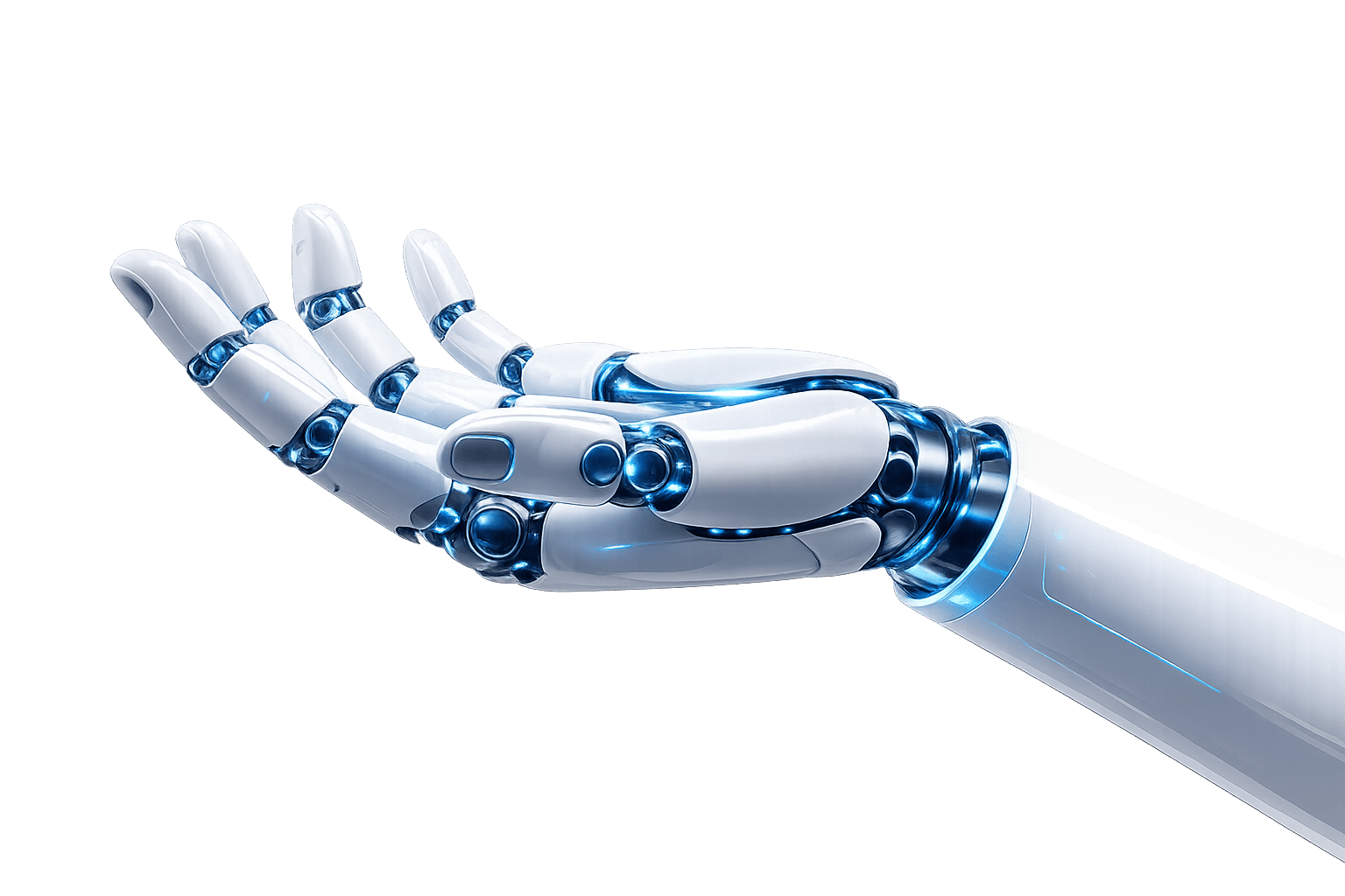 A human hand and a robotic hand reaching toward a digital globe