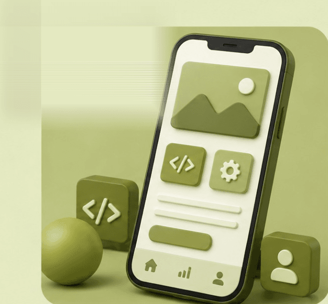 A 3D phone showing an app screen, with code and profile tiles around it