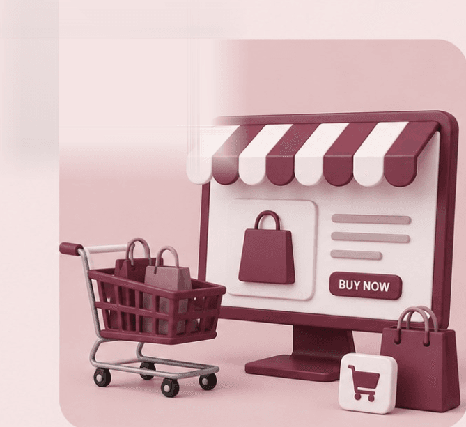 A 3D storefront on a monitor with a shopping cart, bags and a Buy Now button