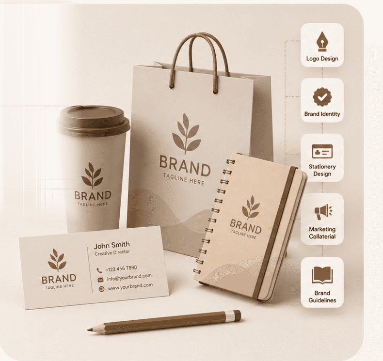 A 3D branded shopping bag, coffee cup, notebook and business card beside tiles for each deliverable