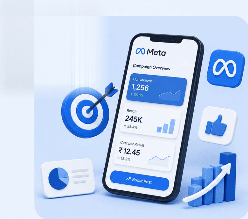 A 3D phone showing a Meta campaign dashboard beside a target, charts and a rising arrow