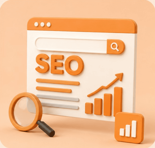 A 3D search result page with a rising bar chart and a magnifying glass over the word SEO