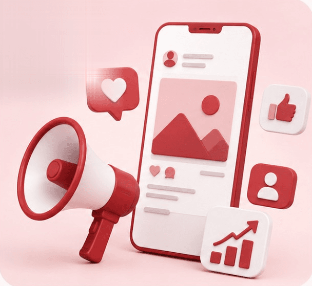 A 3D megaphone beside a phone feed with like, heart and growth icons