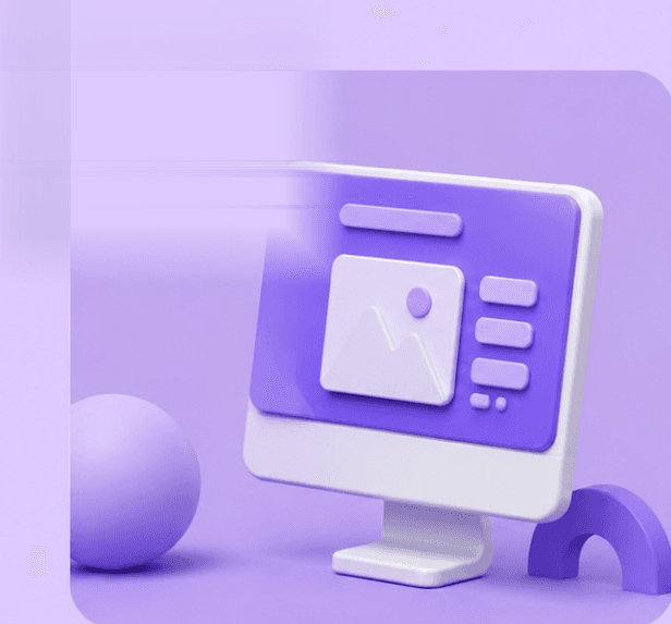 A 3D monitor showing a UI/UX layout mockup, beside a sphere and an arch