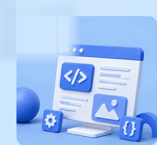 A 3D browser window with code, image and layout blocks floating around it