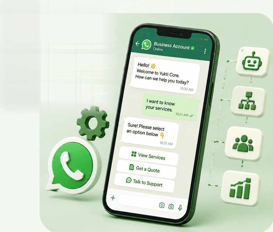 A 3D phone showing an automated WhatsApp business chat with quick-reply buttons